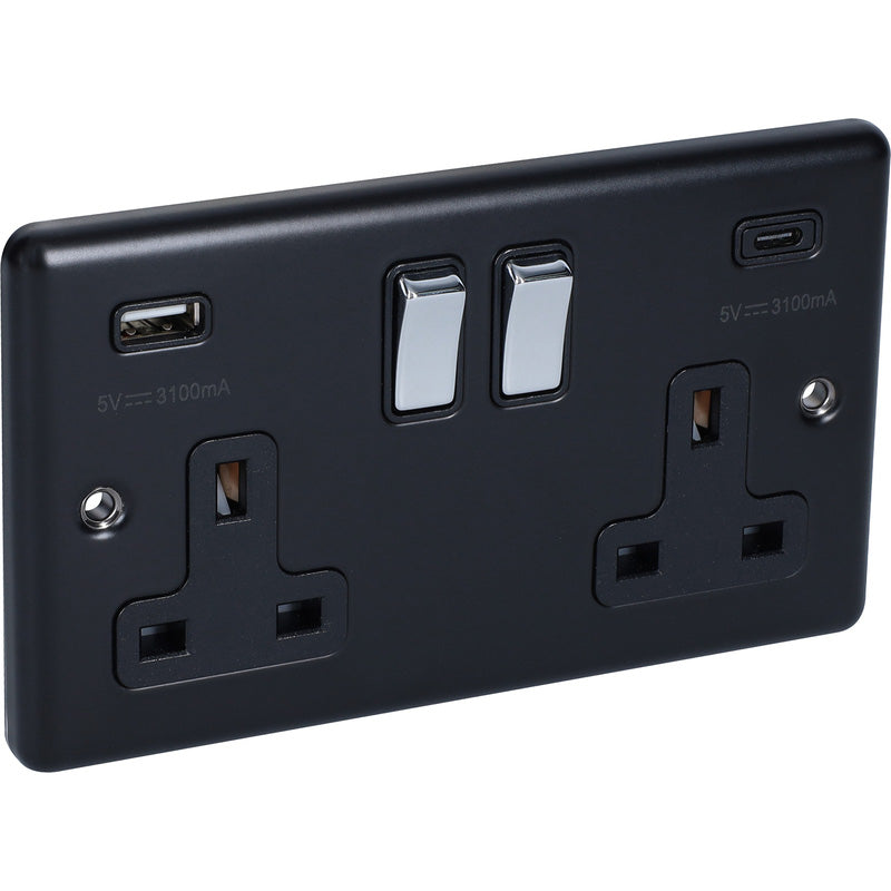 Matt Black Double Socket with Two USB Ports A & C 3.1 AMP with Polished Chrome Rocker W67MBPC image 0