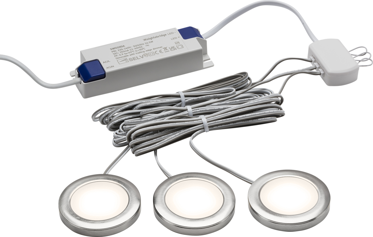 230V IP20 2.5W LED Dimmable Under Cabinet Lights in Brushed Chrome - Pack of 3 - 3000K - UNDKIT3BCWW image 0
