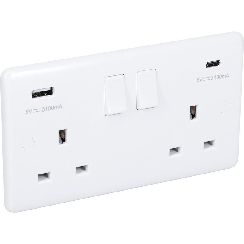 White USB Switched Socket 2 Gang 3.1A USB A & C Type - ST67W image 0