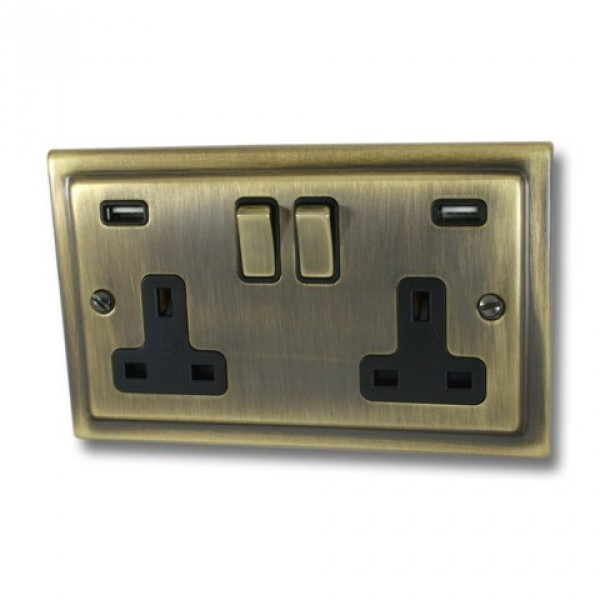 Antique Brass Double USB 2 Gang 13a Socket - V65AN image 0