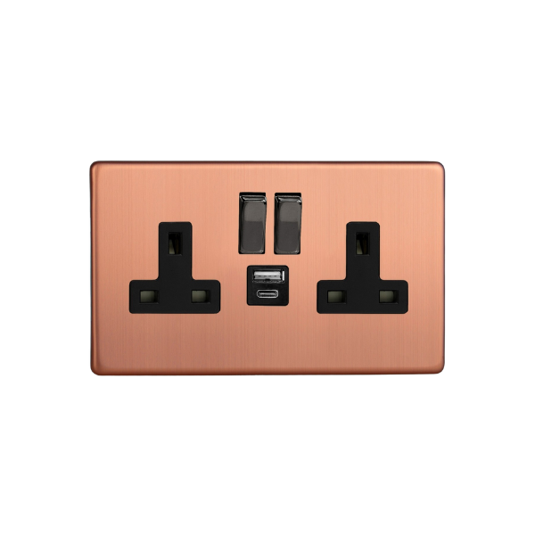 Brushed Copper Urban Screwless 2-Gang 13A Single Pole Switched Socket with 1x USB A & 1x USB C Charging Ports XDY5UACBS.BC image 0