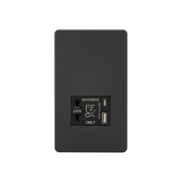 Anthracite 230V Shaver Socket with Dual USB A+C [5V DC 2.4A shared] - SF8909AT image 0