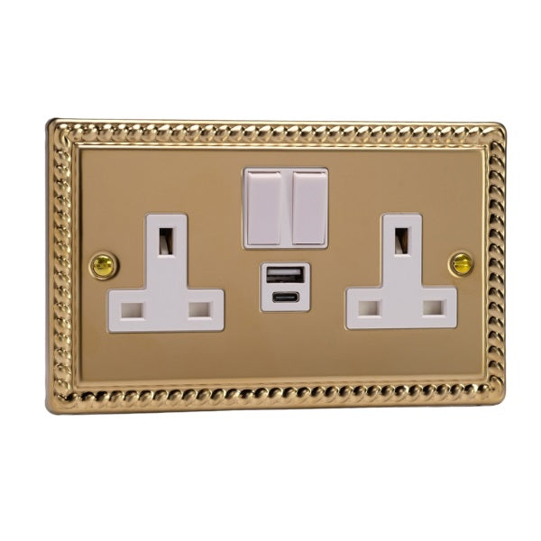 Varilight Georgian Brass 2-Gang 13A Single Pole Switched Socket with 1x USB A & 1x USB C Charging Ports - XG5UACW image 0