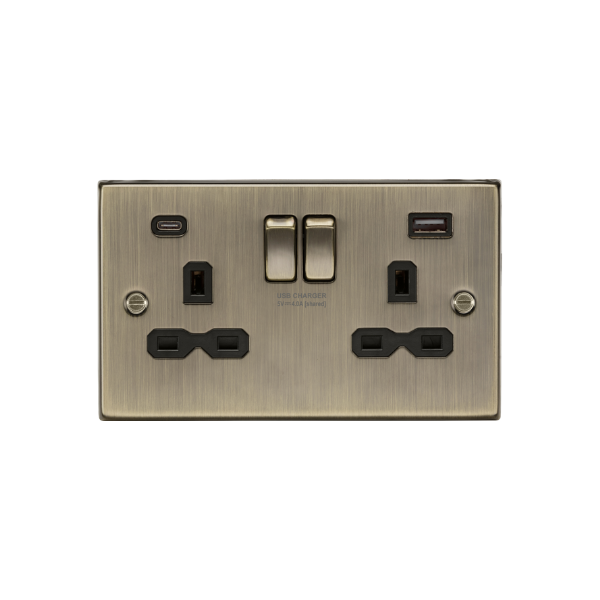 Antique Brass 13A 2G SP Switched Socket with Dual USB A+C (5V DC 4.0A shared) with Black Insert - CS9940AB image 0