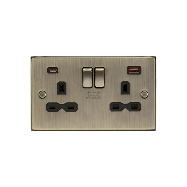 Antique Brass 13A 2G DP Switched Socket with Dual USB A+C 20V DC 2.25A (Max. 45W) with black Insert - CS9945AB image 0