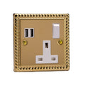 Varilight Georgian Brass 1-Gang 13A Single Pole Switched Socket + 2x5V DC 3400mA USB Charging Ports - XG4U2SW image 0