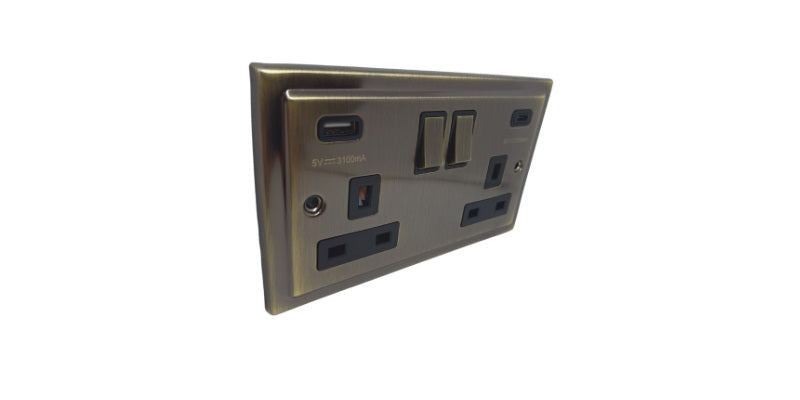 Antique Brass USB A & C Type Switched Socket 2 Gang 3.1A - R67AB image 0