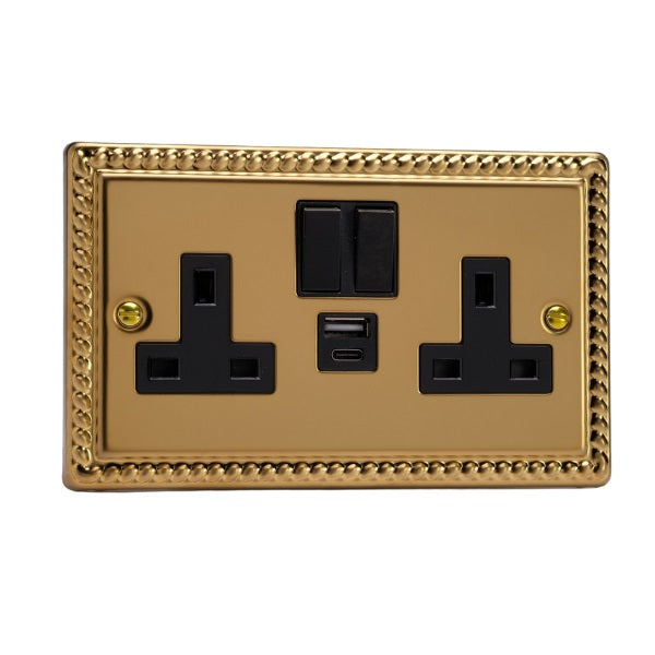 Varilight Georgian Brass 2-Gang 13A Single Pole Switched Socket with 1x USB A & 1x USB C Charging Ports - XG5UACB image 0