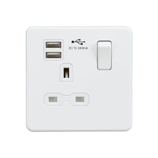 Matt White 13A 1G SP Switched Socket with Dual USB A+A (5V DC 2.4A shared) with White Insert - SFR9124MW image 0