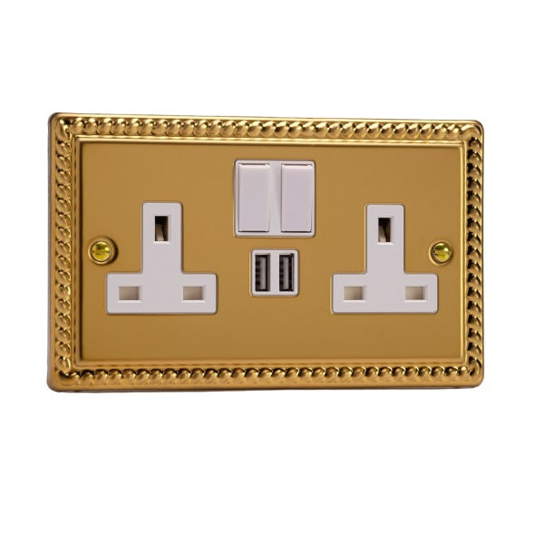Varilight Georgian Brass 2-Gang 13A Unswitched Socket + 2x5V DC 2100mA USB Charging Ports - XG5U2SW image 0
