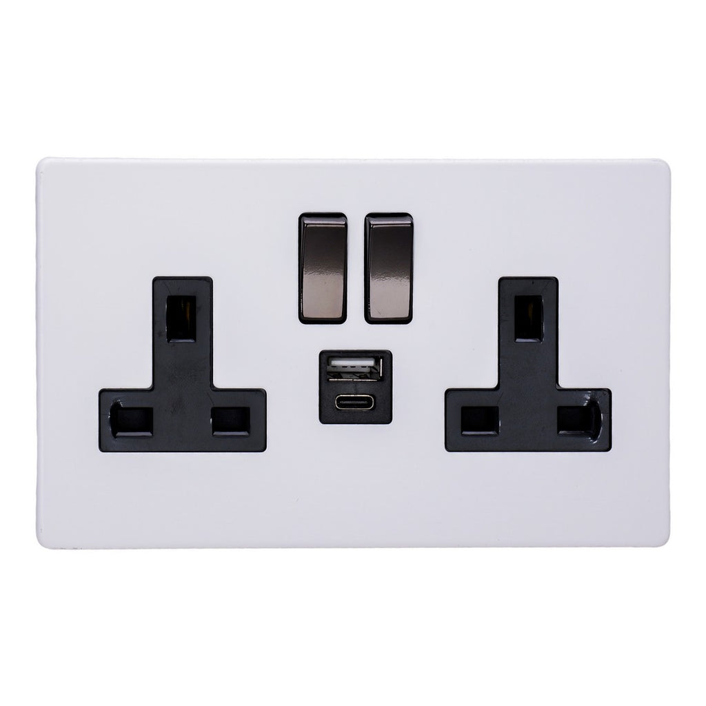 Varilight Primed 2-Gang 13A Single Pole Switched Socket with 1x USB A & 1x USB C Charging Ports – XDY5UACIBS.PD image 0