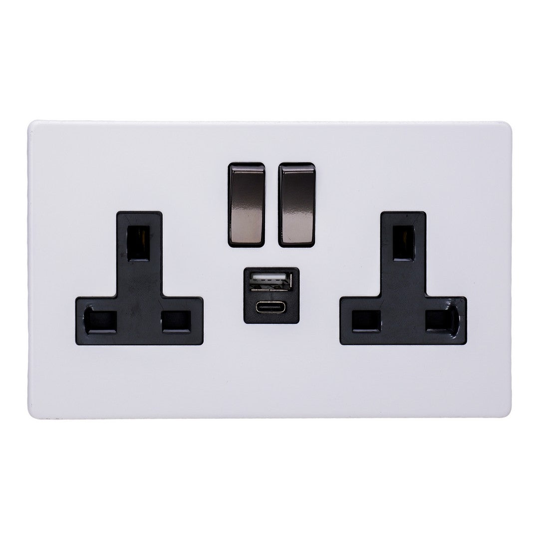 Varilight Primed 2-Gang 13A Single Pole Switched Socket with 1x USB A & 1x USB C Charging Ports – XDY5UACIBS.PD image 0