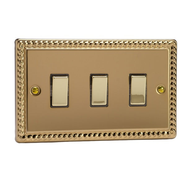 Varilight Georgian Brass 3-Gang 10A 1- or 2-Way Rocker Switch (Twin Plate) - XG93D image 0