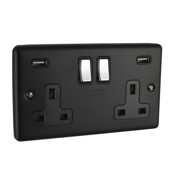 Matt Black Double Socket with Two USB Ports 4.8 AMP with Polished Chrome Rocker W66MBPC image 0