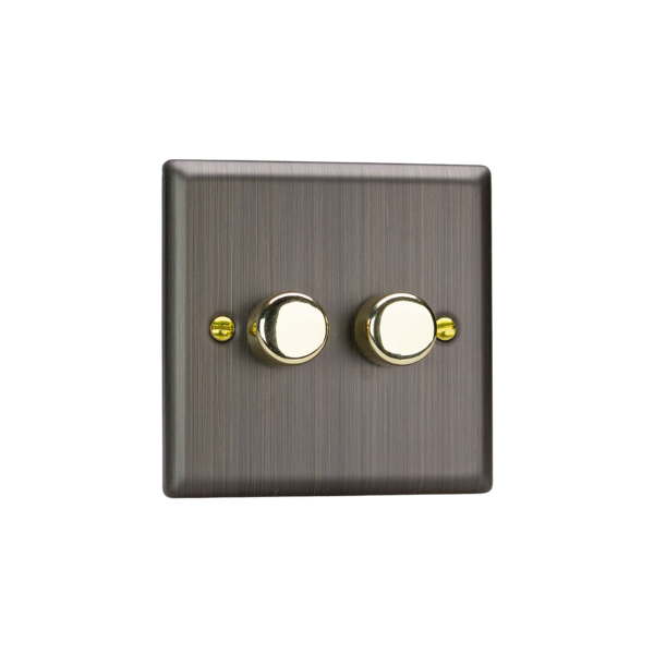 Urban Antique Brass 2-Gang 2-Way V-Pro Push On/Off Rotary LED Dimmer 2 x 0-120W (1-10 LEDs) JYP252.AB image 0