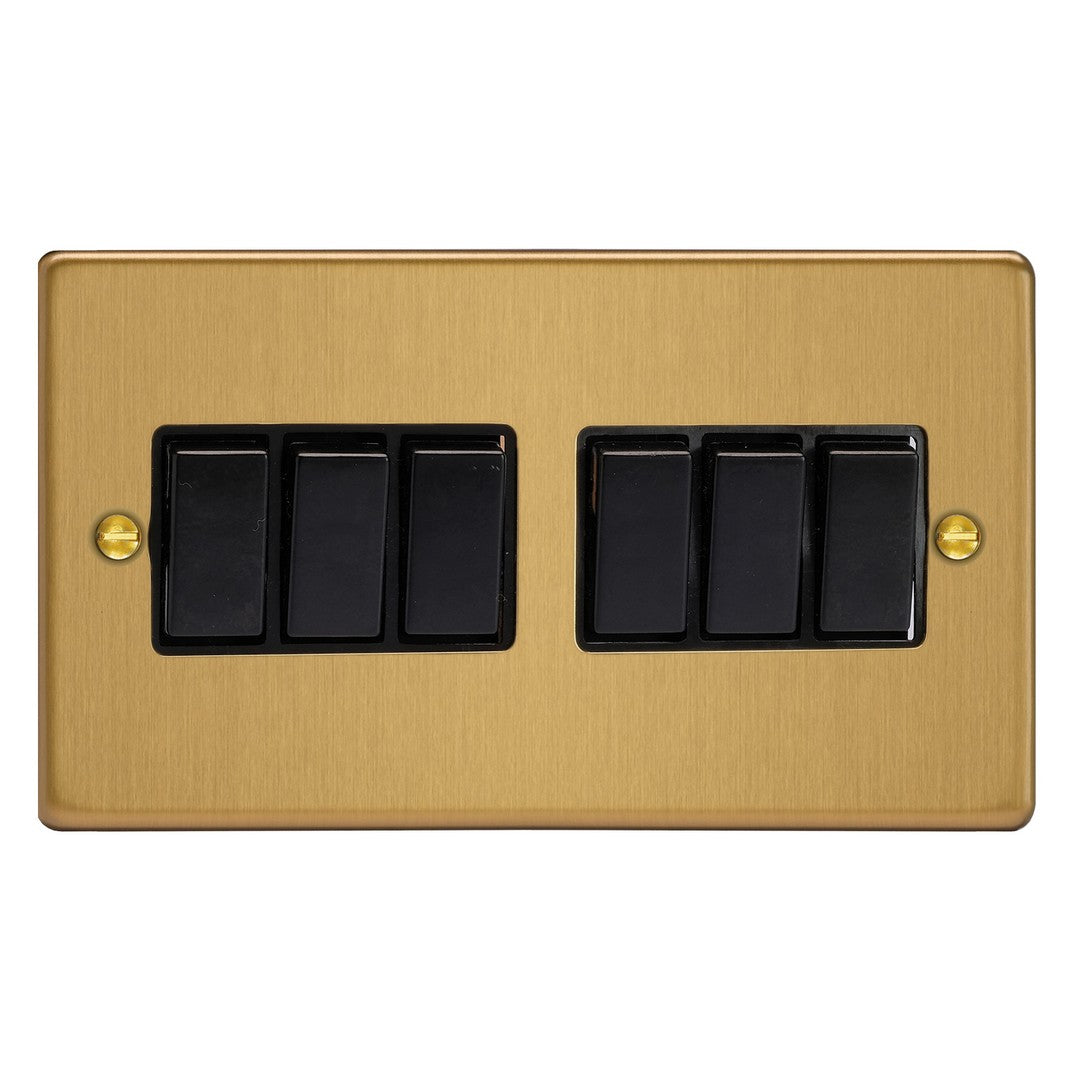 Brushed Brass 6-Gang 10A 1- or 2-Way Rocker Switch Double Plate XDE96B.BB image 0