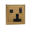 Varilight Georgian Brass 1-Gang 13A Single Pole Switched Socket + 2x5V DC 3400mA USB Charging Ports - XG4U2SB image 0