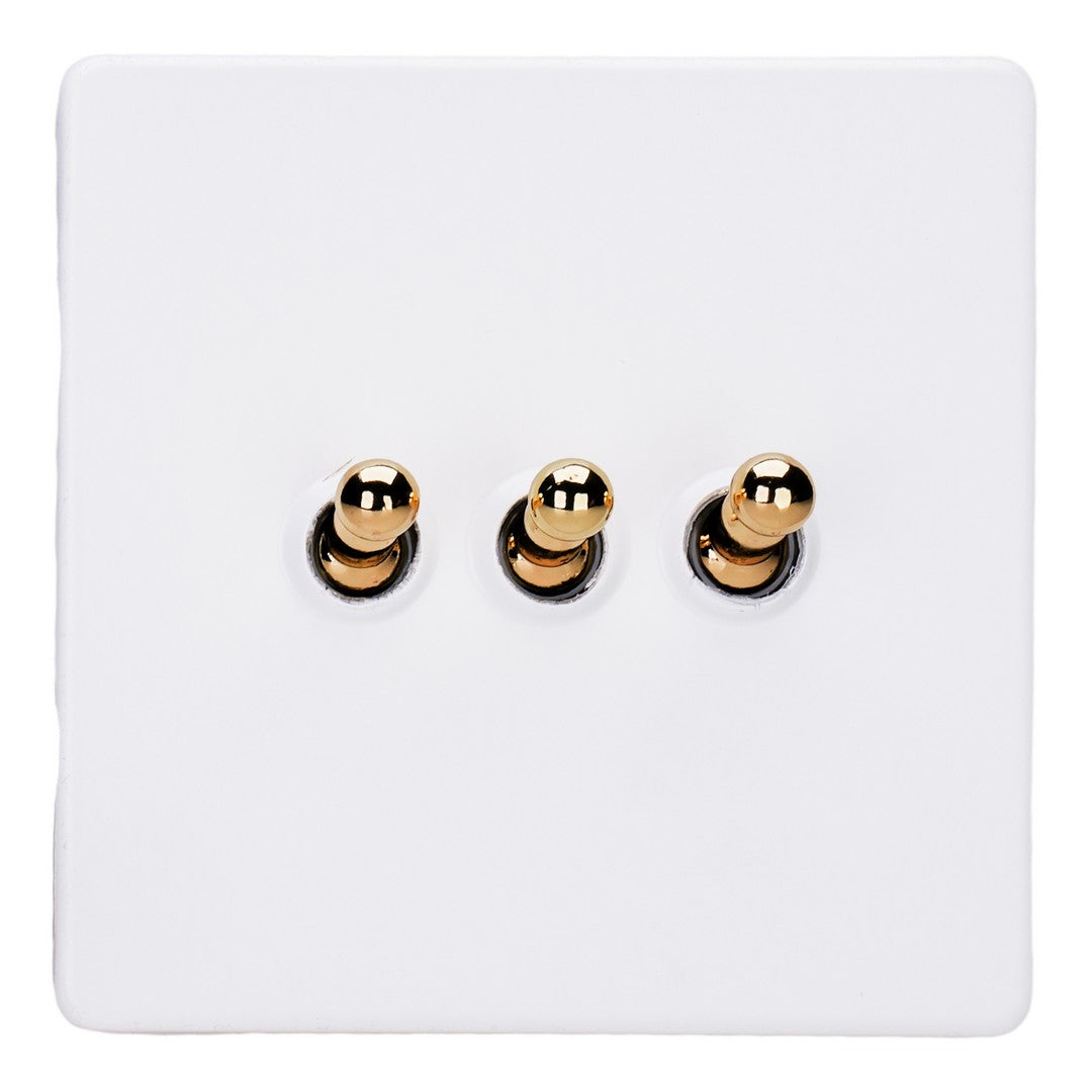 Varilight Primed 3-Gang 10A 1- or 2-Way Toggle Switch with Brass Toggle - XDYT3VS.PD image 0