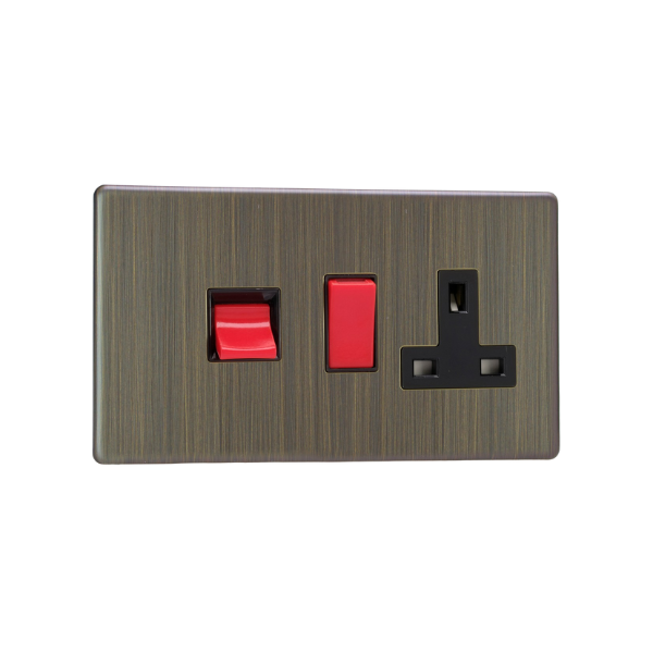 Urban Screwless Antique Brass 45A Cooker Panel with 13A Double Pole Switched Socket Outlet (Red Rocker) XDY45PBS.AB image 0