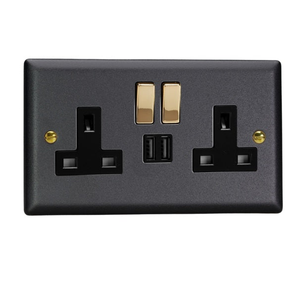 Varilight Vogue Matt Black 2-Gang 13A Single Pole Switched Socket + 2x5V DC 2100mA USB Charging Ports - XY5U2SVB.MB image 0