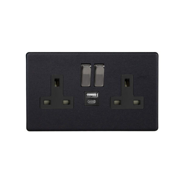 Matt Black Urban Screwless 2-Gang 13A Single Pole Switched Socket with 1x USB A & 1x USB C Charging Ports XDY5UACBS.MB image 0