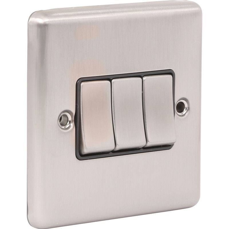 Brushed Steel 3 Gang Treble 10A Light Switch -  W03BSB image 0