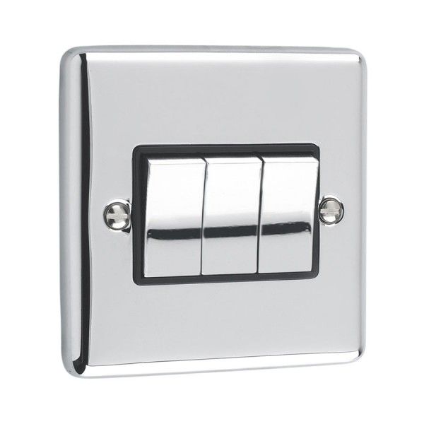 Polished Chrome 3 Gang Treble 10A Light Switch - W03PCB image 0