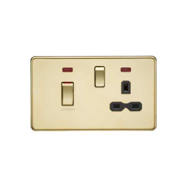 Polished Brass 45A DP Switch & 13A Socket with Neons with Black Insert - SFR83MNPB image 0