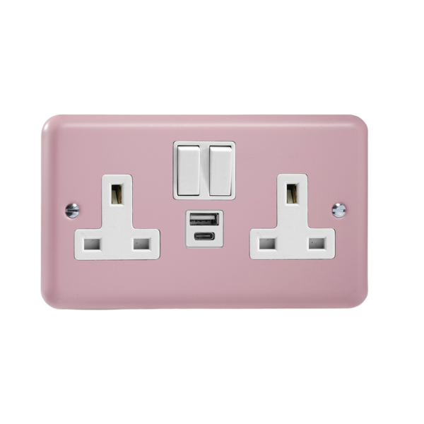 Rose Pink 2-Gang 13A Single Pole Switched Socket with 1x USB A & 1x USB C Charging Ports XY5UACW.RP image 0