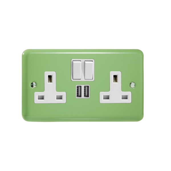 Beryl Green 2-Gang 13A Single Pole Switched Socket + 2x5V DC 2100mA USB Charging Ports XY5U2SW.BG image 0