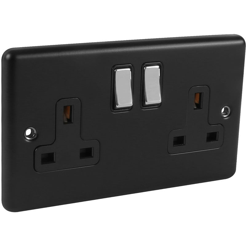 Matt Black 2 Gang 13A Double Pole Socket with polished Chrome Rocker W07MBPC image 0
