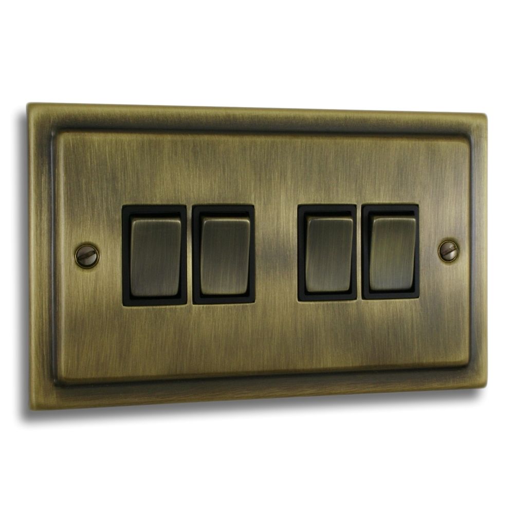 Victorian Antique Brass 4 Gang Quad 10a Light Switch - V04AN image 0