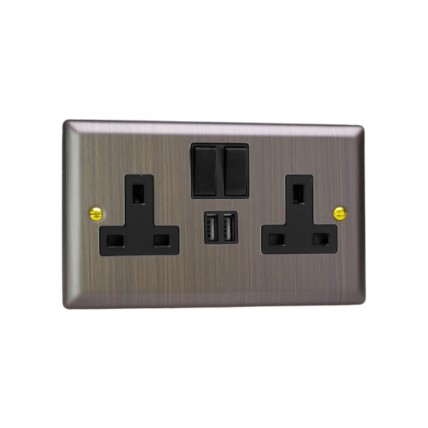 Urban Antique Brass 2-Gang 13A Single Pole Switched Socket + 2x5V DC 2100mA USB Charging Ports XY5U2SB.AB image 0