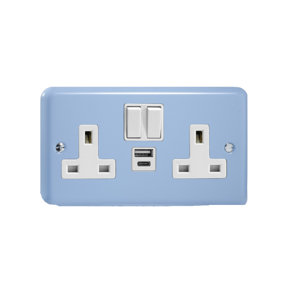 Duck Egg Blue 2-Gang 13A Single Pole Switched Socket with 1x USB A & 1x USB C Charging Ports XY5UACW.DB image 0