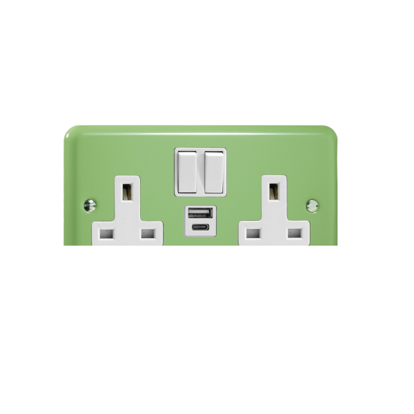 Beryl Green 2-Gang 13A Single Pole Switched Socket with 1x USB A & 1x USB C Charging Ports XY5UACW.BG image 0