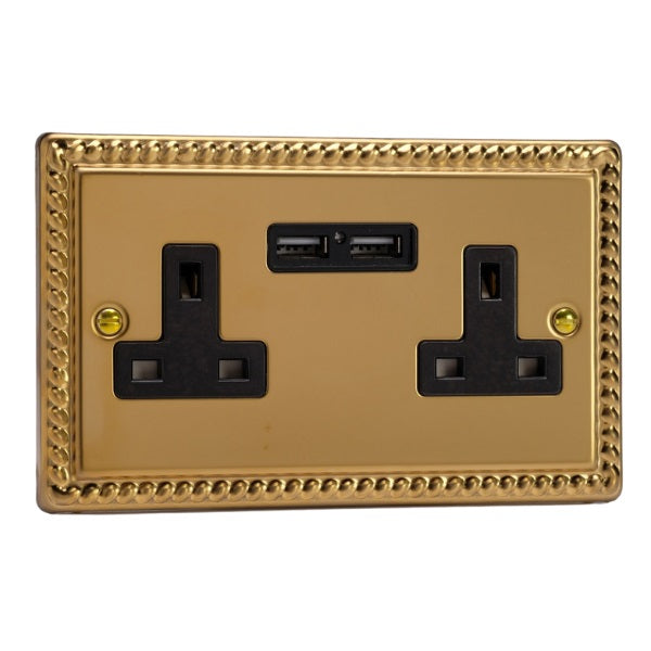 Varilight Georgian Brass 2-Gang 13A Unswitched Socket + 2x5V DC 2100mA USB Charging Ports - XG5U2B image 0