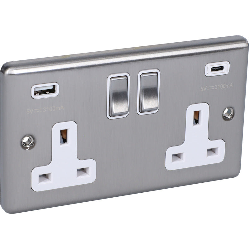 Brushed Steel White USB A & C Type Switched Socket 2 Gang 3.1A - W67BSW image 0