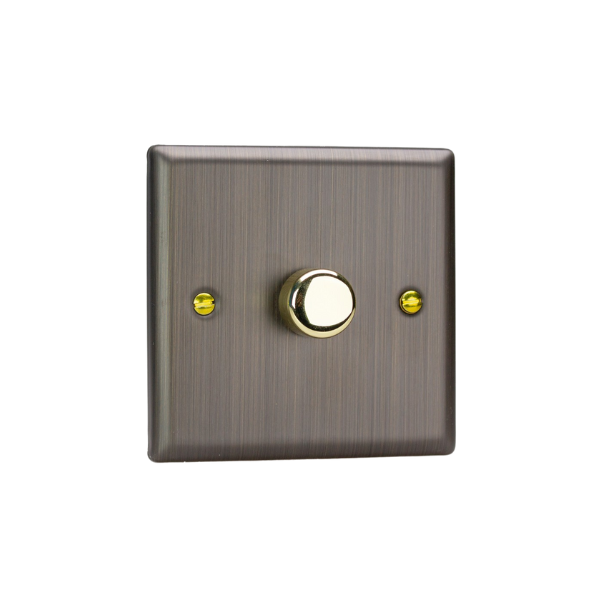 Urban Antique Brass 1-Gang 2-Way V-Pro Push On/Off Rotary LED Dimmer 1 x 0-120W (1-10 LEDs) JYP401.AB image 0