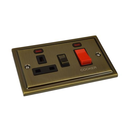 Antique Brass 45A Cooker Switch with Socket R41AB image 0