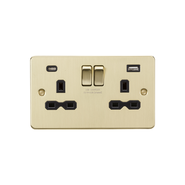 Brushed Brass 13A 2G SP Switched Socket with Dual USB A+C (5V DC 4.0A shared) with black Insert - FPR9940BB image 0