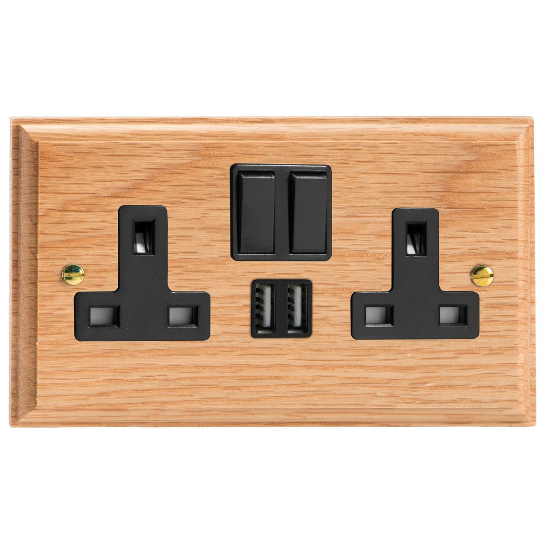 Varilight Kilnwood Double Socket with 2 x 12W Shared USB A Charging Ports - XK5U2SOB image 0