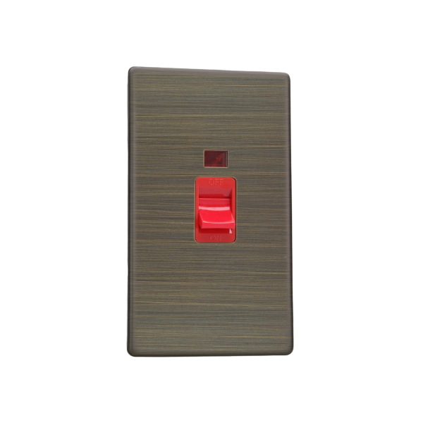 Urban Screwless Antique Brass 45A Cooker Switch + Neon (Vertical Twin Plate, Red Rocker) XDY45NS.AB image 0