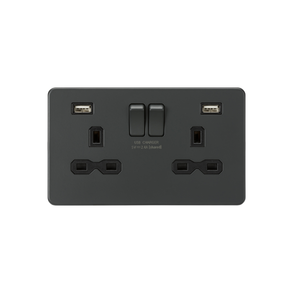 Anthracite13A 2G SP Switched Socket with Dual USB A+A (5V DC 2.4A shared) with Black Insert - SFR9224AT image 0