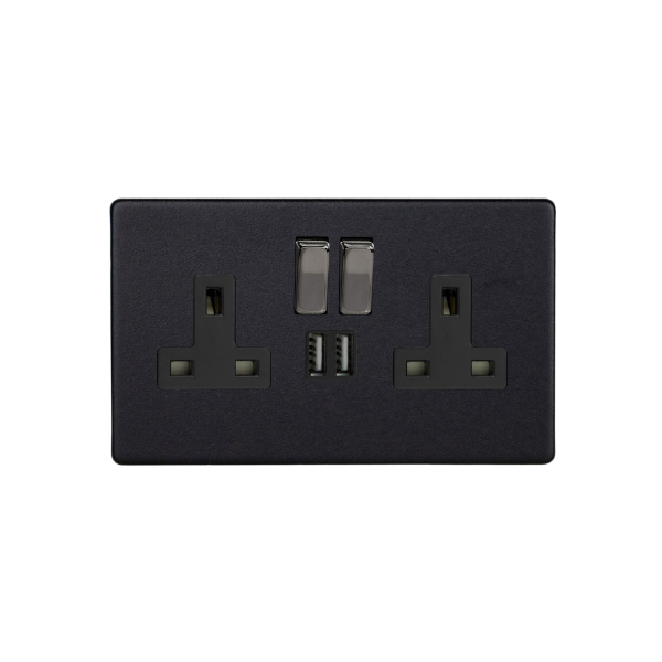 Matt Black Urban Screwless 2-Gang 13A Single Pole Switched Socket + 2x5V DC 2100mA USB Charging Ports XDY5U2SBS.MB image 0
