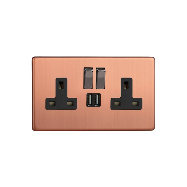 Brushed Copper Urban Screwless 2-Gang 13A Single Pole Switched Socket + 2x5V DC 2100mA USB Charging Ports XDY5U2SBS.BC image 0