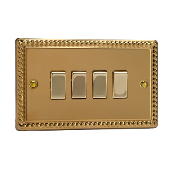 Varilight Georgian Brass 4-Gang 10A 1- or 2-Way Rocker Switch (Twin Plate) - XG9D image 0