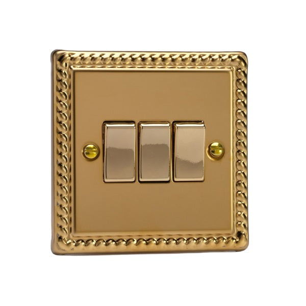 Varilight Georgian Brass 3-Gang 10A 1- or 2-Way Rocker Switch - XG3D image 0