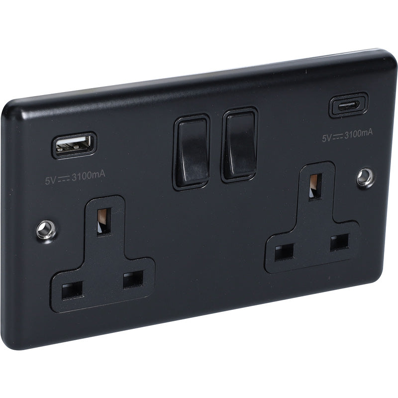 Matt Black Double Socket with Two USB Ports A & C 3.1A W67MBB image 0