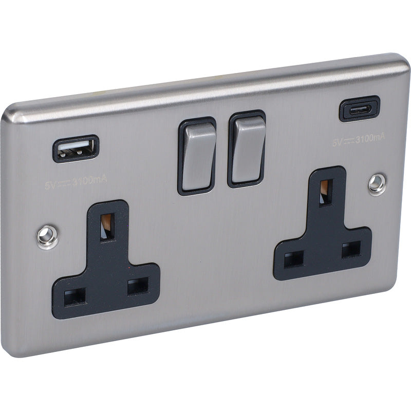 Brushed Steel Black USB A & C Type Switched Socket 2 Gang 3.1A - W67BSB image 0