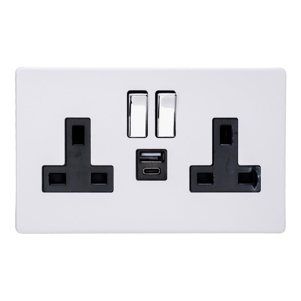 Varilight Primed 2-Gang 13A Single Pole Switched Socket with 1x USB A & 1x USB C Charging Ports – XDY5UACBS.PD image 0